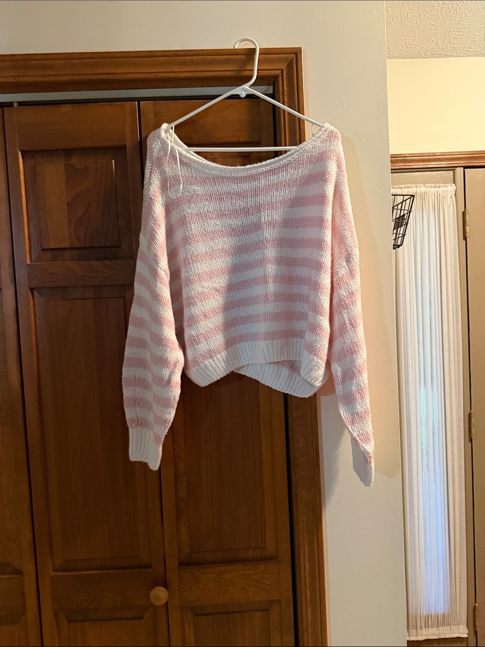 Women’s Pink and White Striped Sweater - Classic Crewneck